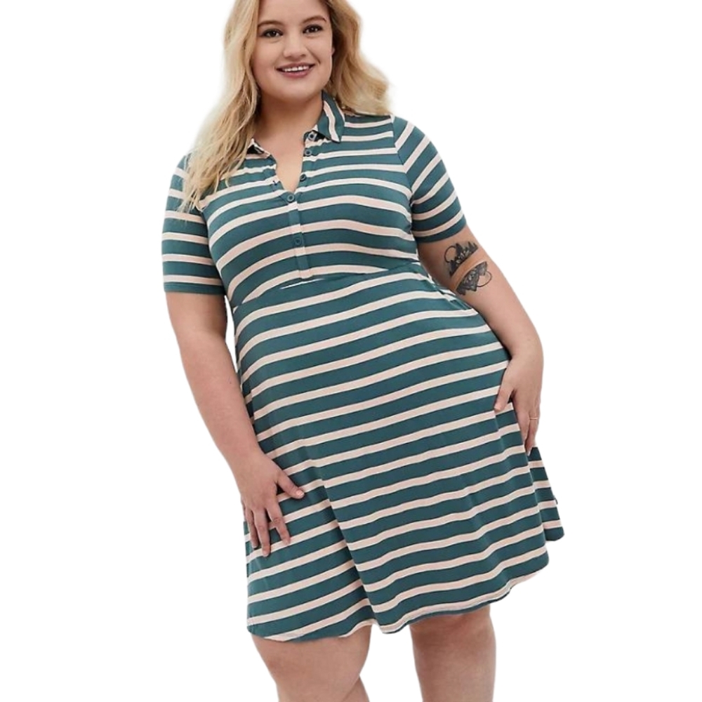 NWT TORRID SUPER SOFT KNITS GREEN STRIPE POLO SKATER DRESS SIZE 2X